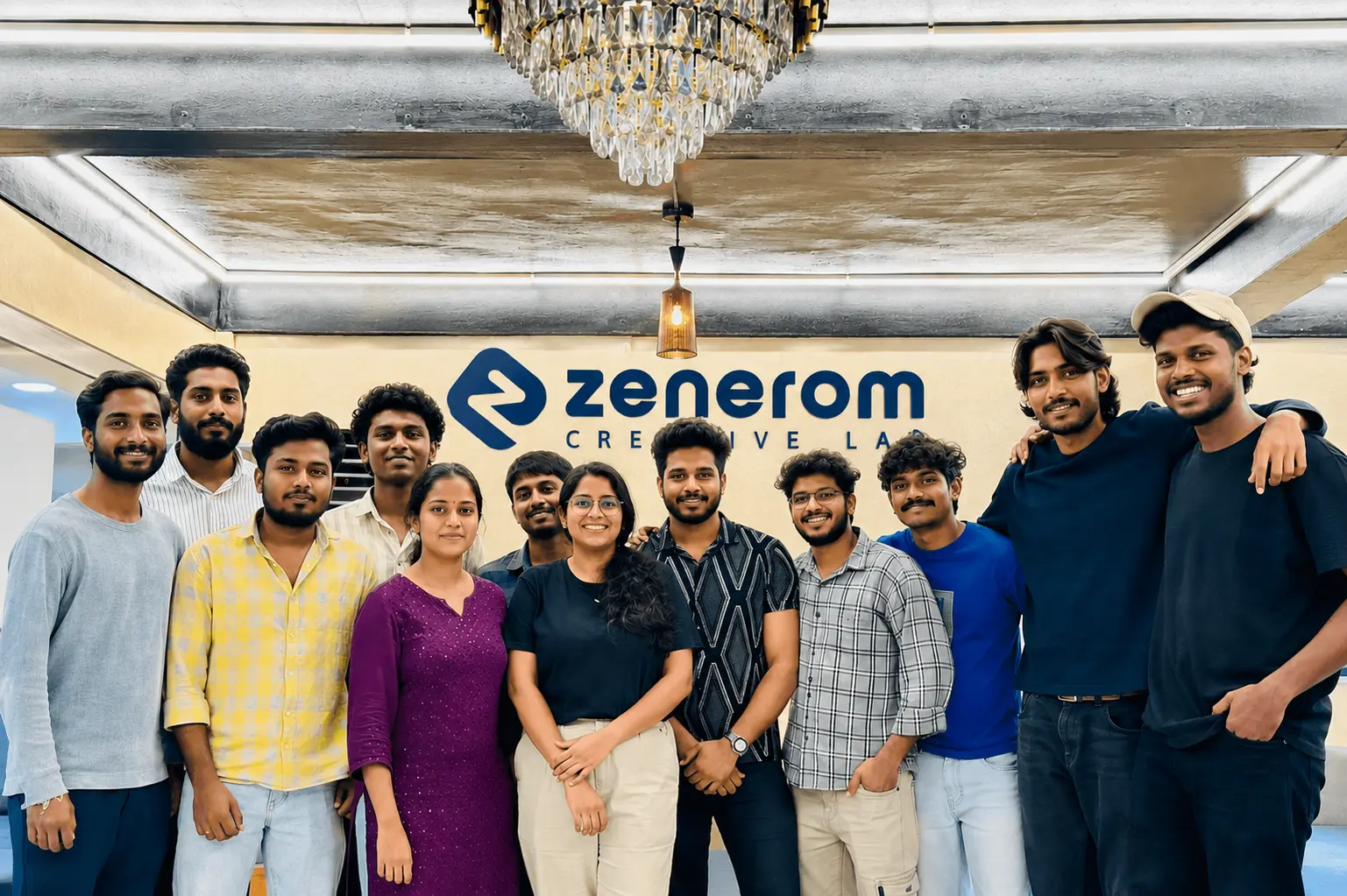 Zenerom UAE expert team group photo standing together in the office with Zenerom Creative Lab branding background