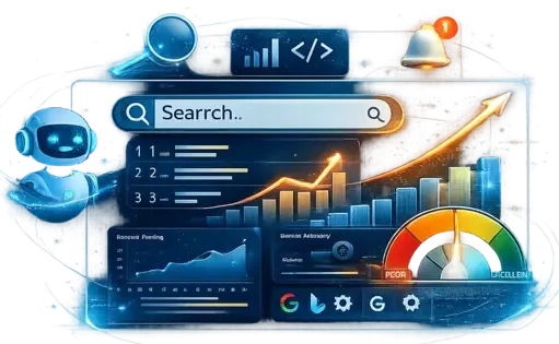 AI-powered SEO dashboard and search optimization illustration