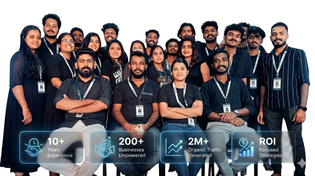 Team of experts at Zenerom, a leading digital marketing company in Dubai, featuring professional staff and ROI-focused service trust badges.