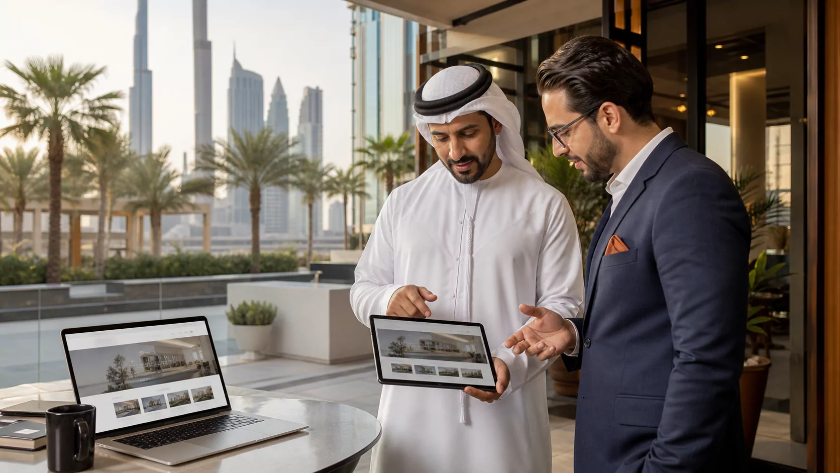UAE business owner reviewing a responsive website with a web consultant